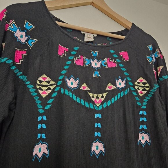 Sundance Black Embroidered Swim Coverup M Tassel Hem Rayon Tunic Dress - Picture 4 of 11